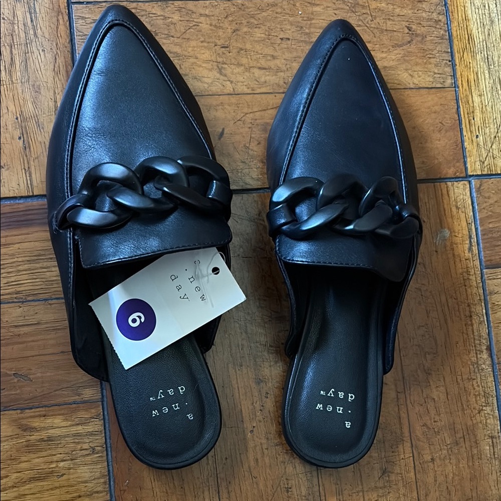 A New Day Black Mules with Chain Detail NWOT